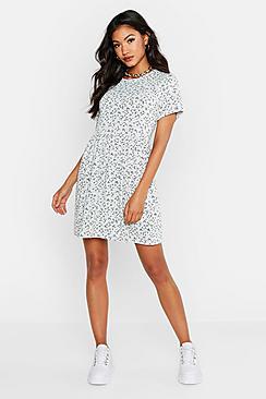 Boohoo Sage Floral Gathered Waist Smock Dress
