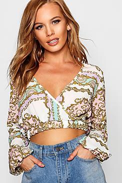 Boohoo Petite Caroline Scarf Print Wrap Front Top