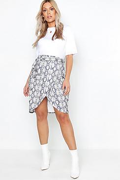 Boohoo Plus Snake Print Tie Midi Skirt