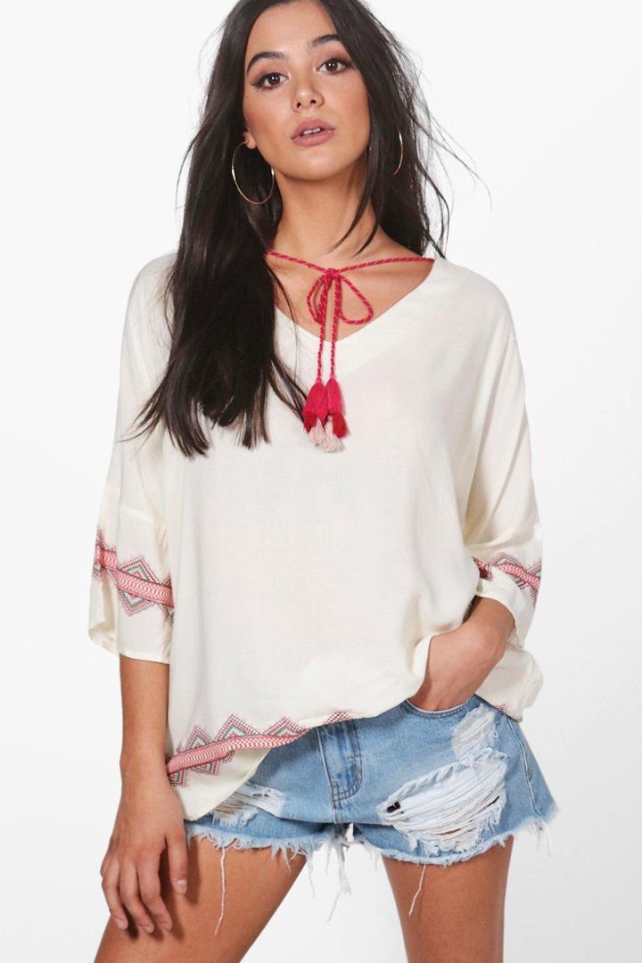 Boohoo Raegan Printed Tassel Tunic Cream