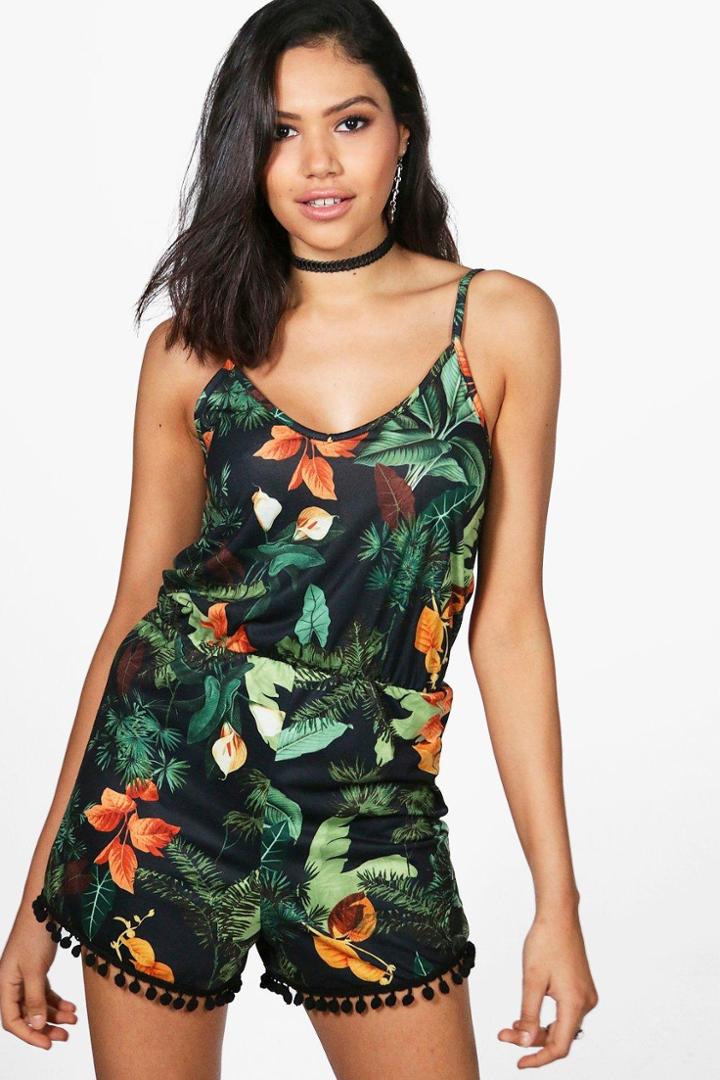 Boohoo Beth Pom Pom Palm Print Playsuit Multi