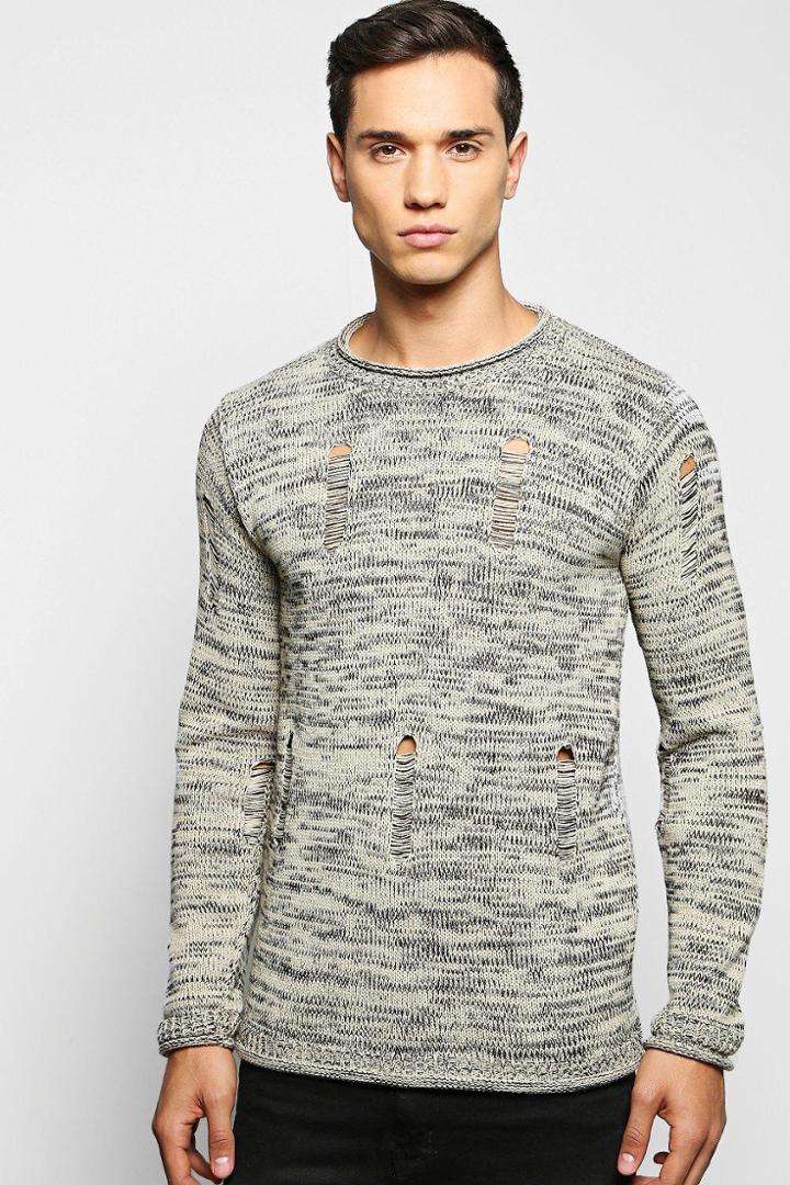 Boohoo Bagel Neck Distressed Space Knit Jumper Oatmeal