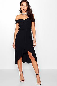 Boohoo Lisa Off The Shoulder Tie Midi Skater Dress