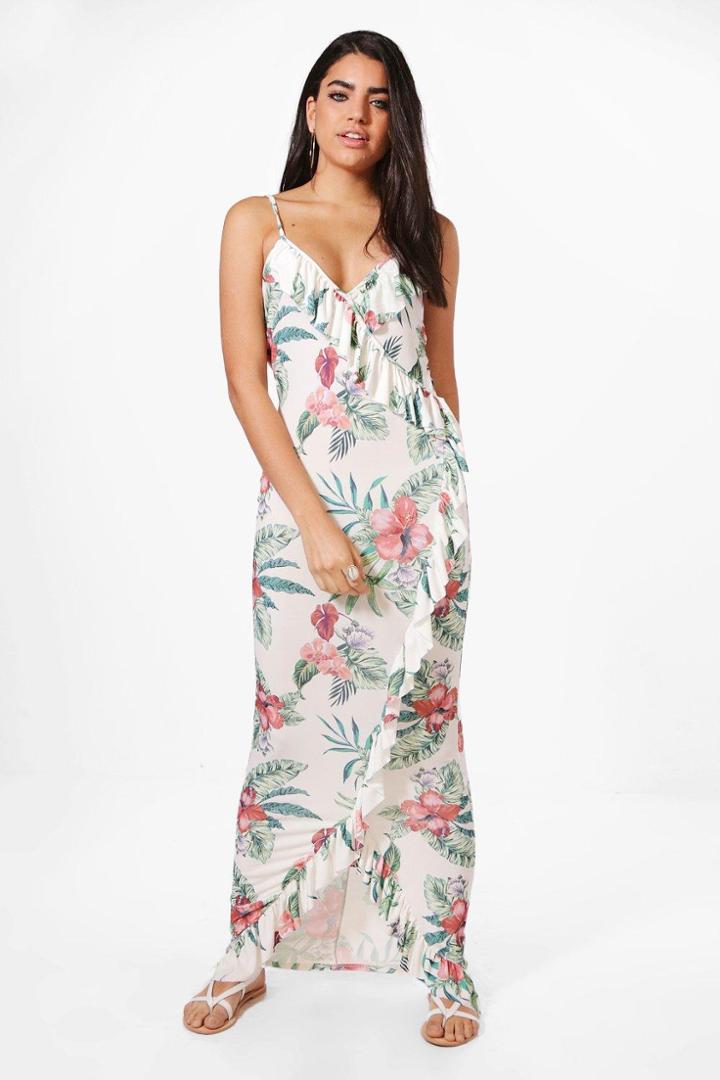 Boohoo Katy Ruffle Wrap Floral Maxi Dress White