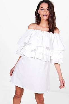 Boohoo Off Shoulder Ruffle Shirt Dress