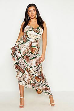 Boohoo Plus Woven Mixed Animal Ruffle Maxi Skirt
