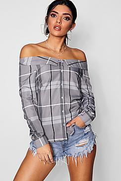 Boohoo Hannah Checked Off The Shoulder Shirt