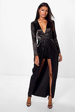 Boohoo Mia Satin Plunge Maxi Overlay Playsuit