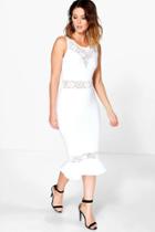 Boohoo Leah Bandage Lace Insert Frill Hem Midi Dress Ivory