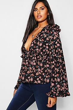 Boohoo Plus Plunge Ruffle Paisley Top