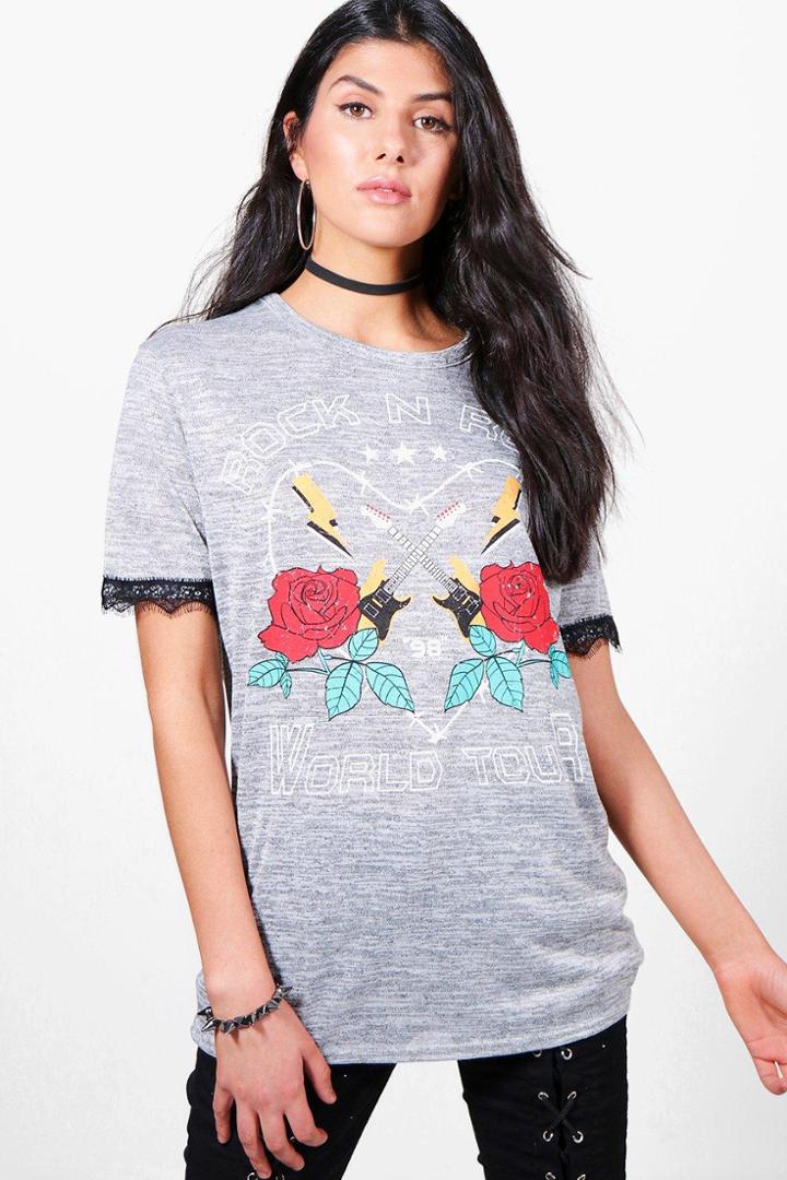 Boohoo Amy Rock & Roll Lace Trim Knitted Tunic Grey