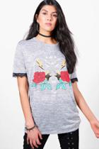 Boohoo Amy Rock & Roll Lace Trim Knitted Tunic Grey