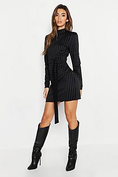 Boohoo High Neck Long Sleeve Pinstripe Belted Mini Dress