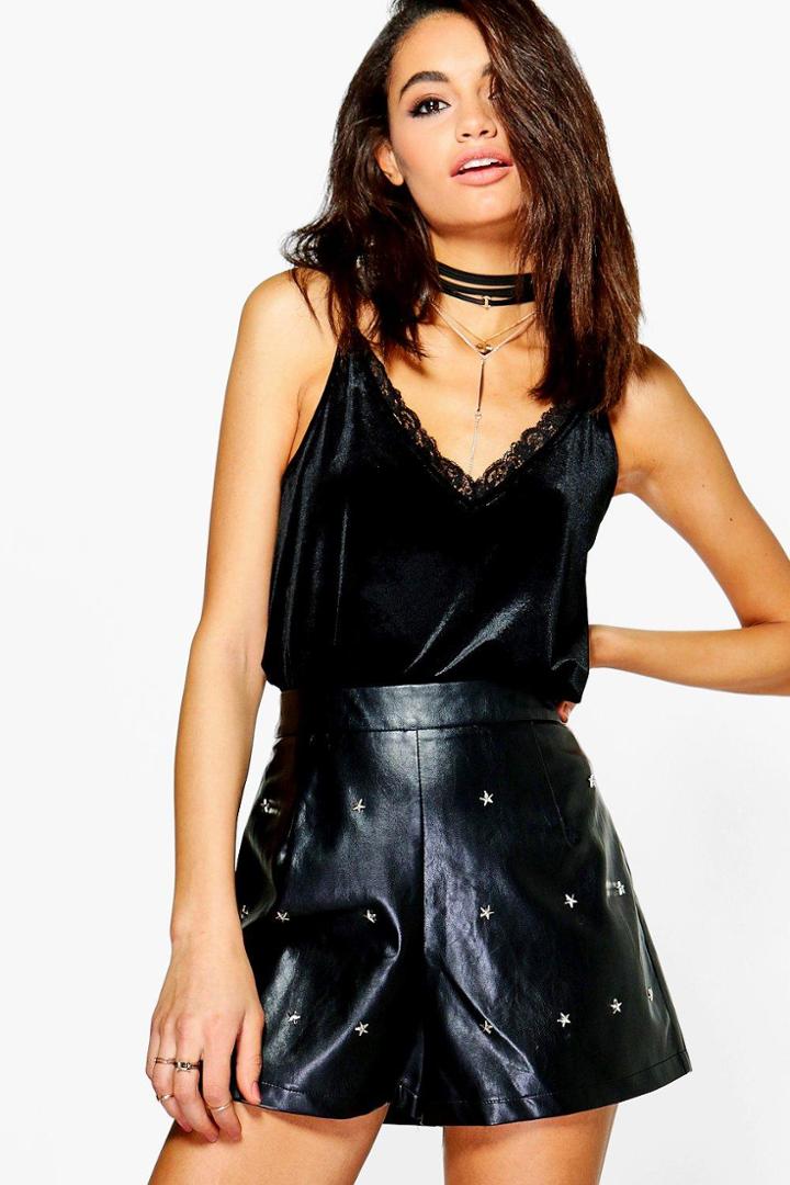Boohoo Sally Star Stud Front Leather Look Shorts Black