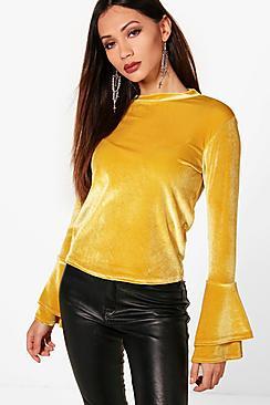 Boohoo Petite Ruffle Sleeve Velvet Top