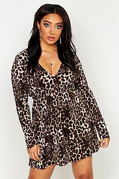 Boohoo Plus Leopard Plisse Long Sleeve Skater Dress