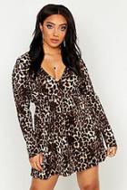 Boohoo Plus Leopard Plisse Long Sleeve Skater Dress