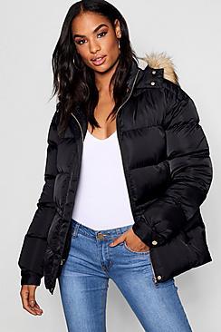 Boohoo Tall Padded Jacket With Faux Fur Hood