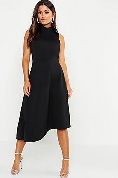 Boohoo High Neck Asymmetric Midi Skater Dress