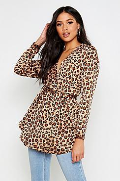 Boohoo Tall Woven Leopard Wrap Tie Waist Blouse