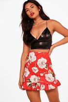 Boohoo Olivia Red Floral Drop Hem Mini Skirt