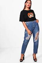 Boohoo Plus Claire Frayed Waist Eyelet Rip Jean