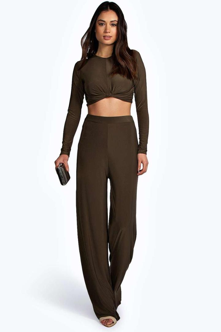 Boohoo Aaliyah Slinky Top Knot Palazzo Co Ord Set Khaki