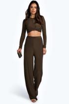 Boohoo Aaliyah Slinky Top Knot Palazzo Co Ord Set Khaki