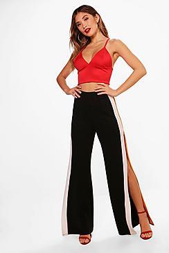 Boohoo Crepe Extreme Split Stripe Wide Trouser