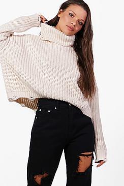 Boohoo Distressed Roll Neck Oversized Jumper