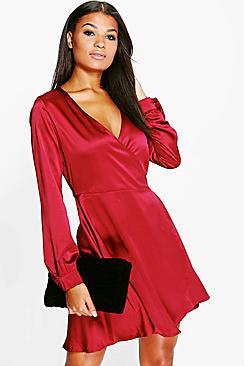 Boohoo Melody Satin Wrap Over Skater Dress