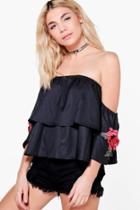 Boohoo Kaydeon Embroidered Rose Bardot Top Black