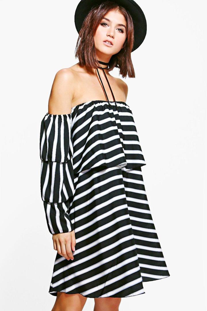 Boohoo Jenna Stripe Frill Off Shoulder Shift Dress Multi