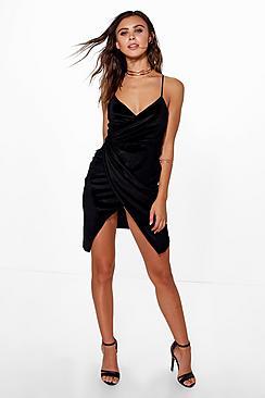 Boohoo Petite Cara Wrap Asymmetric Velvet Dress