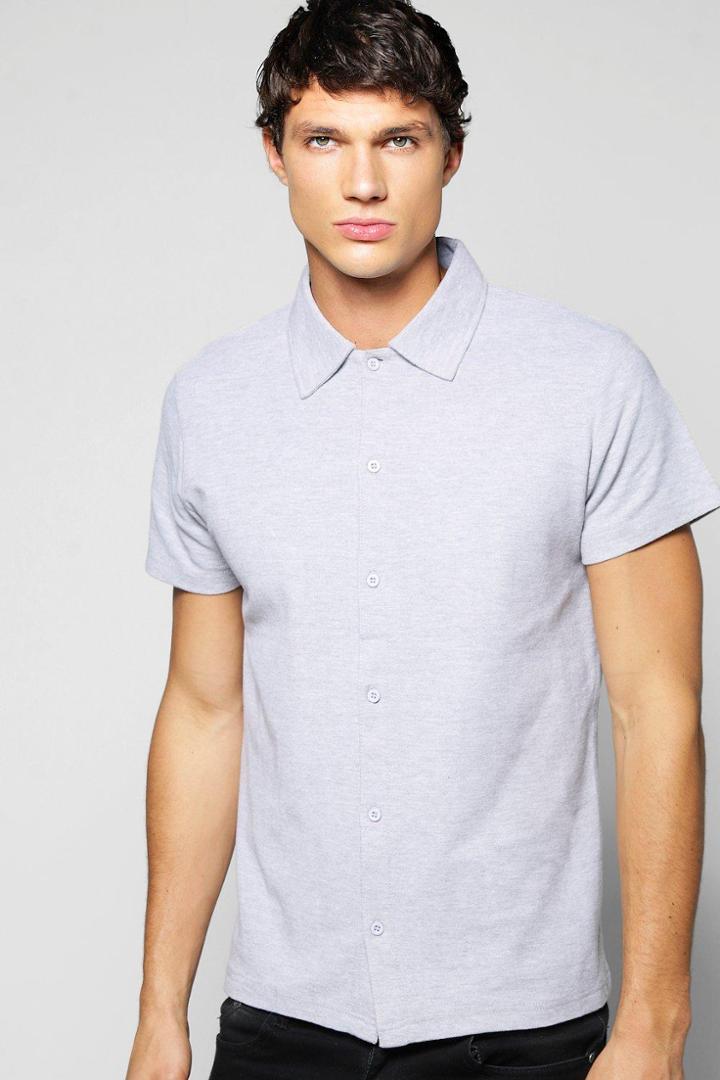 Boohoo Pique Short Sleeve Button Through Shirt Grey