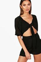 Boohoo Larisa Tie Front Balloon Sleeve Playsuit