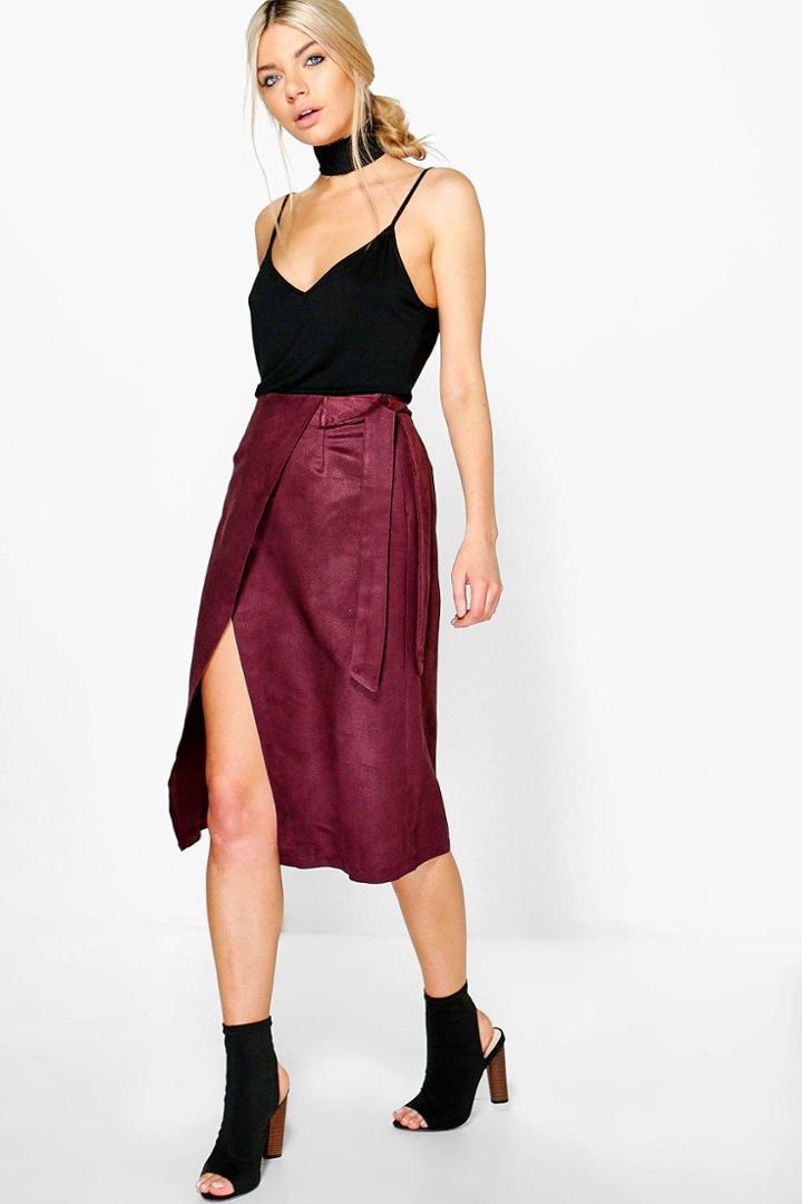 Boohoo Elara Wrap Front Tie Waist Suedette Midi Skirt Aubergine