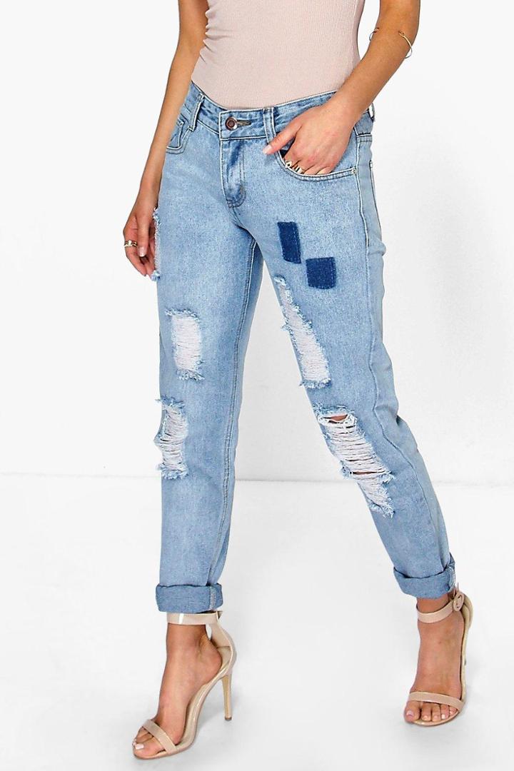 Boohoo Shirley Low Rise Distressed Turn Up Boyfriend Jeans Blue