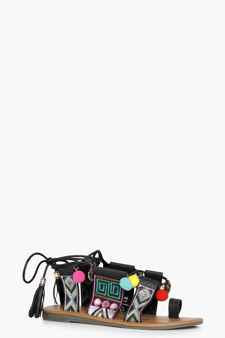 Boohoo Nina Embroidered And Pom Detail Ghillie Sandal Green