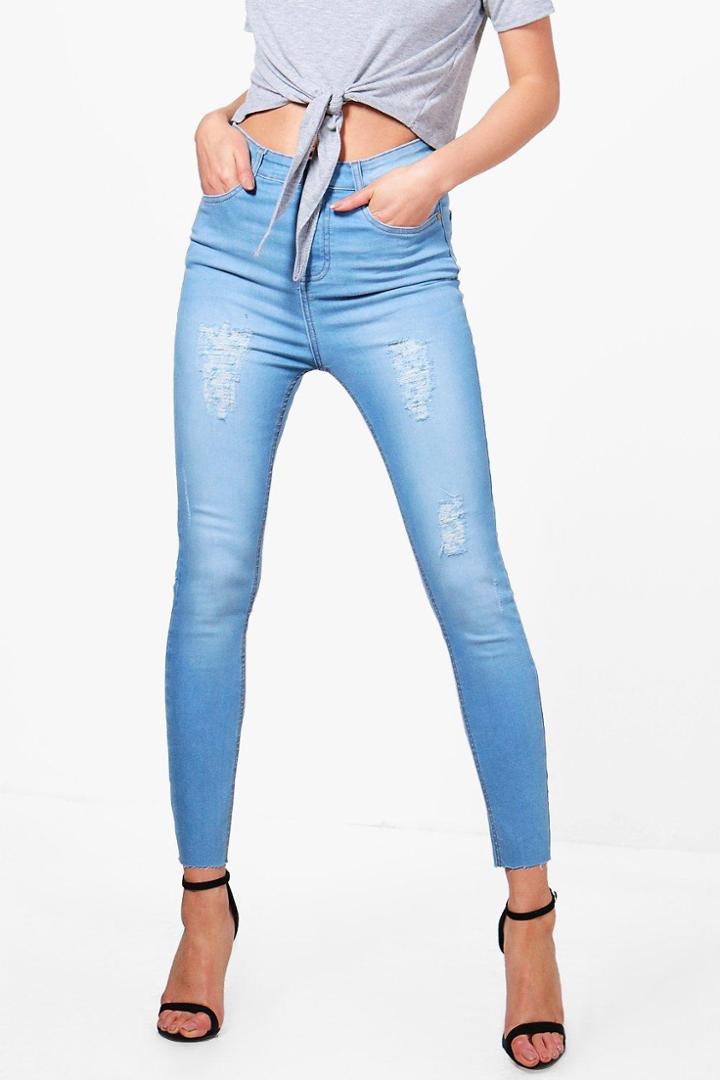 Boohoo Ruth High Rise Distressed Thigh Skinny Jeans Blue
