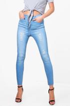 Boohoo Ruth High Rise Distressed Thigh Skinny Jeans Blue