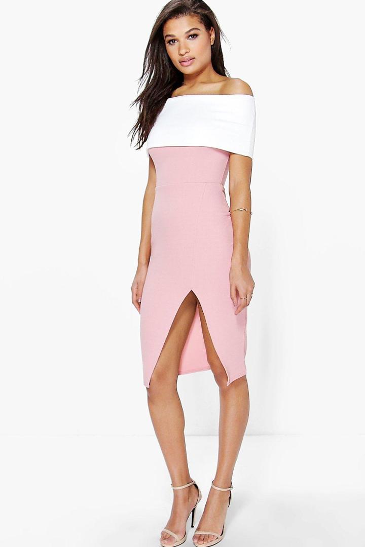 Boohoo Elin Contrast Off The Shoulder Midi Bodycon Dress Peach