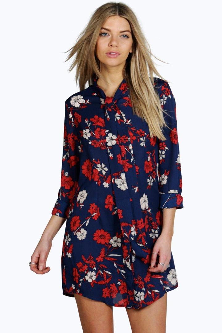 Boohoo Emilia Tie Neck Floral Shirt Dress Navy