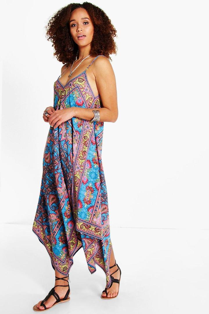 Boohoo Akshara Multi Paisley Hanky Hem Dress Blue