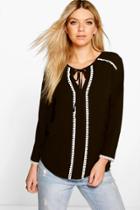 Boohoo Alice Crochet Trim Tie Neck Woven Blouse Black