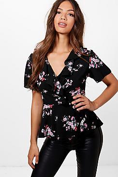Boohoo Lucy Printed Woven Ruffle Wrap Top