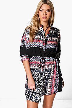Boohoo Emily Tile Print Tie Waist Shirt Dress