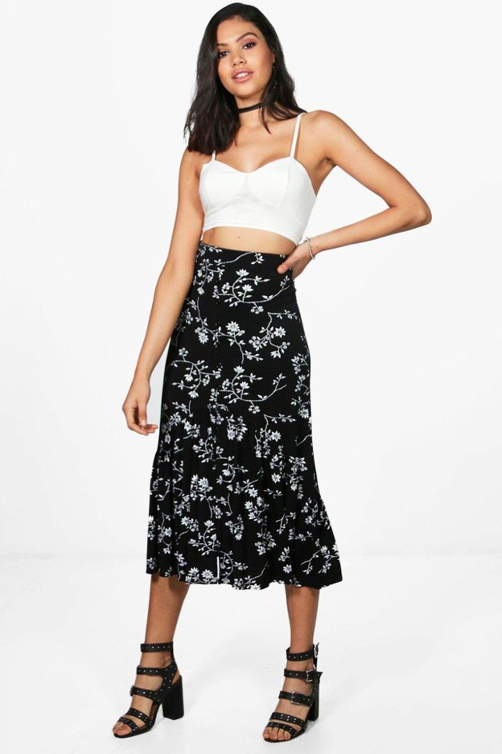 Boohoo Mai Bohemian Drop Hem Button Front Midi Skirt Black