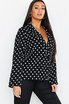 Boohoo Plus Polka Dot Revere Collar Button Shirt