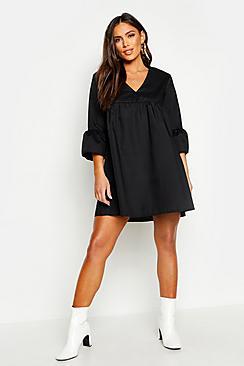Boohoo V Neck Flared Sleeve Smock Dress